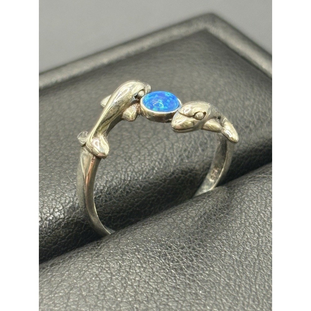 New Condition Sterling Silver Blue Opal Double Dolphin Ring Size 7 F8